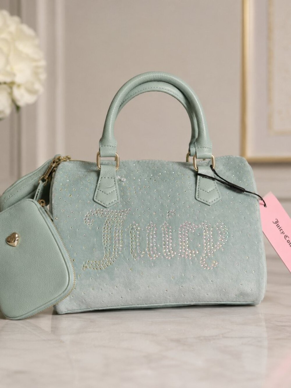 Juicy Couture Let It Shine Cool Blue Rhinestone Satchel Crossbody NWT